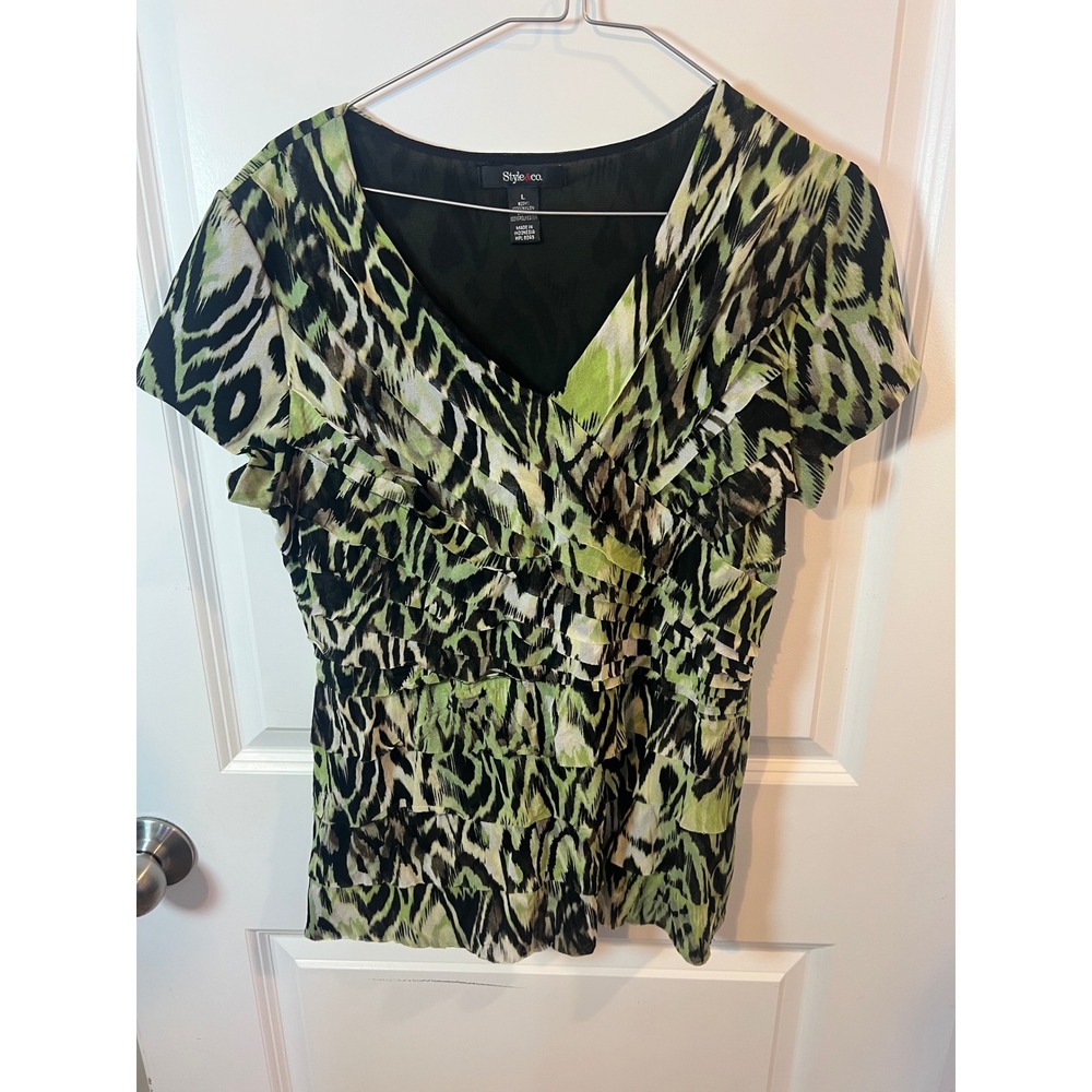 Style & Co Womens Top Tiered Ruffle Mesh Abstract Animal Print Green Size Large